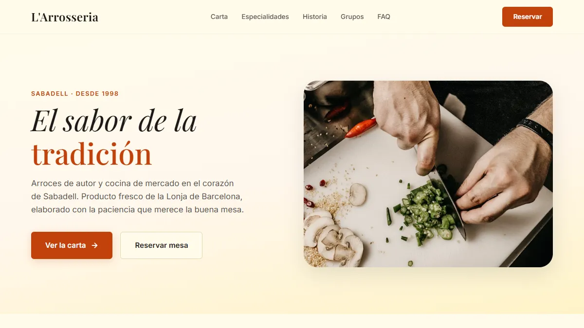 Después: web moderna del mismo restaurante, rápida y orientada a reservas